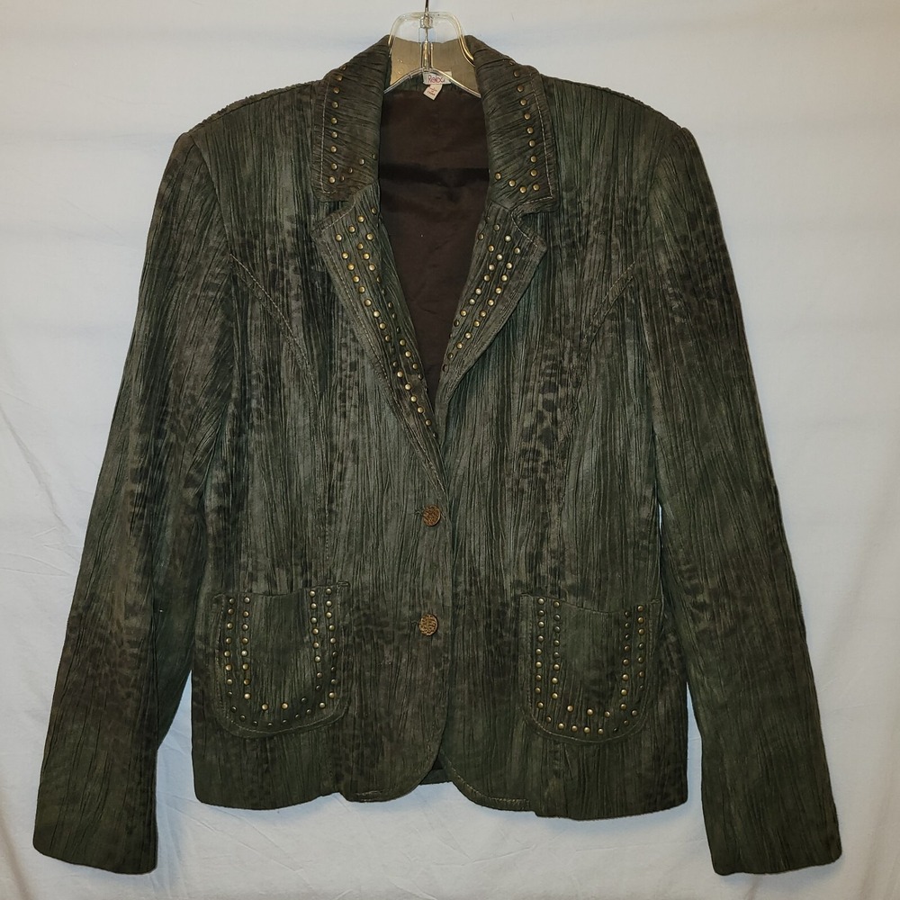 Reba Olive Green Leopard Print Studded Western Blazer Jacket Size L